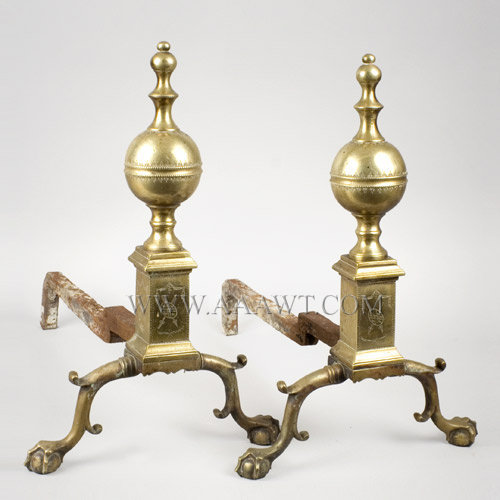 Brass Andirons, Engraved, Claw and Ball Feet, Low Ball Top
New York, possibly Richard Wittingham
Late 18th Century, entire view